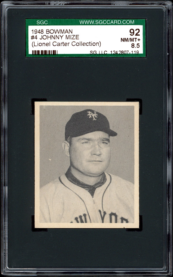 1948 Bowman #4 Johnny Mize SGC 92 Lionel Carter  