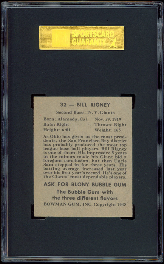 1948 Bowman #32 Bill Rigney SGC 88++ Lionel Carter  