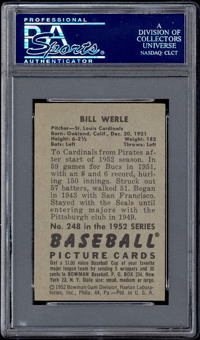 1952 Bowman #248 Bill Werle Variation (no W) PSA 8.5  