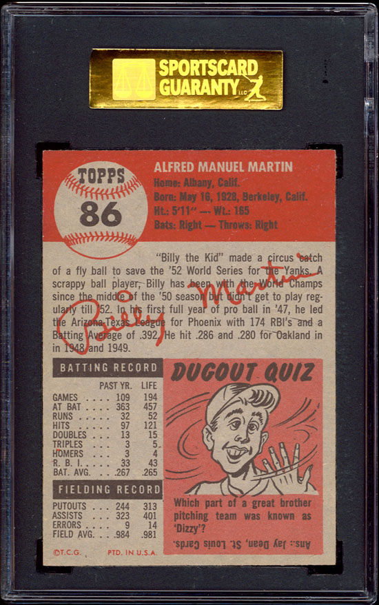 1953 Topps 88 Billy Martin SP SGC 92 NM MT