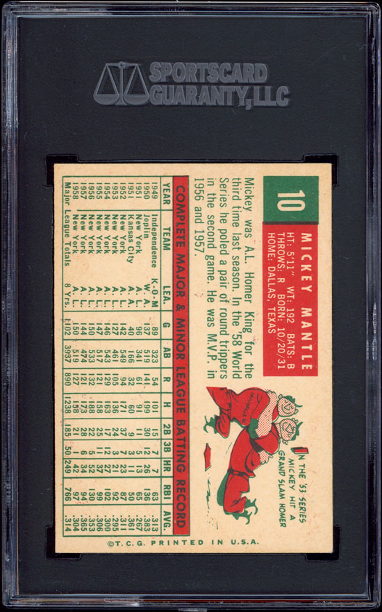 1959 Topps #10 Mickey Mantle SGC 84 Near Mint  