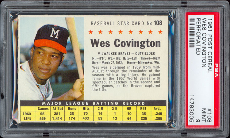 1961 Post Cereal #108 Wes Covington Factory PSA 9 MINT  