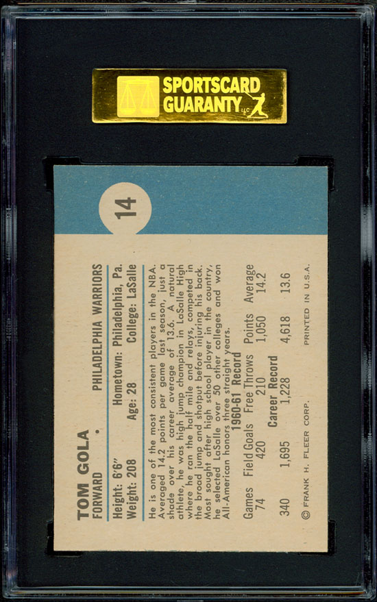 1961 62 Fleer 14 Tom Gola SGC 96 Mint